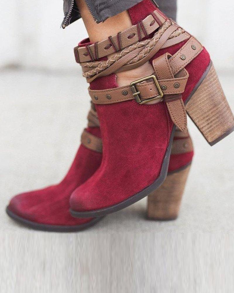 Outlet26 Block Heeled Belted Ankle Bootie Wine red