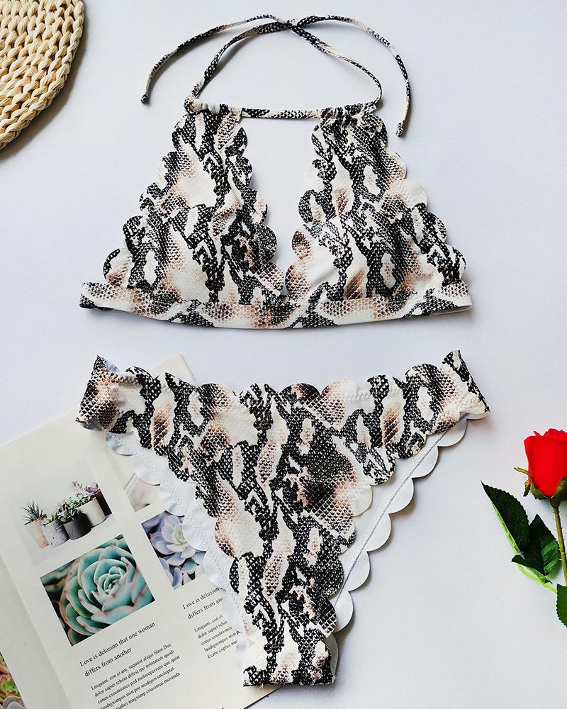Snakeskin Leopard Print Ruffles Halter Bikini Set