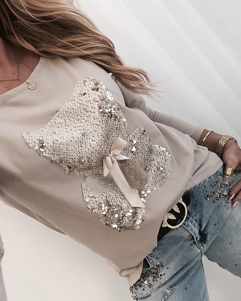 Outlet26 Bear Pattern Sequins Bowknot Round Neck Long Sleeve T-shirt Apricot