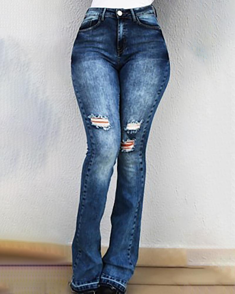 High Wasit Hole Flares Wide Leg Jeans