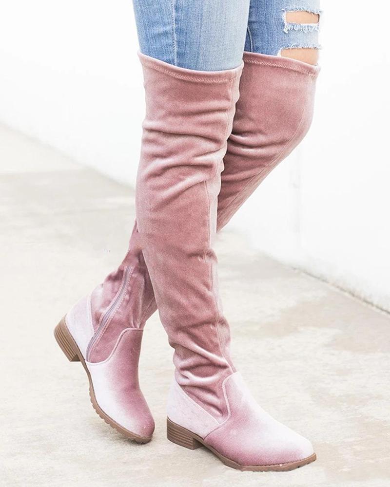 Outlet26 Solid Suede Side Zip Heeled Long Boot pink