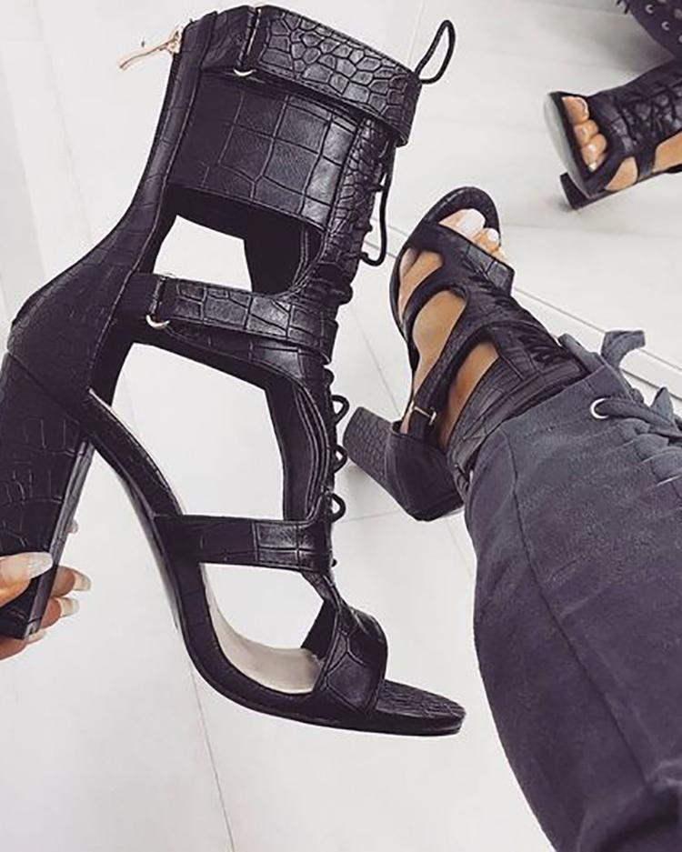 Outlet26 Lace-up Cutout Chunky Heel Sandals black
