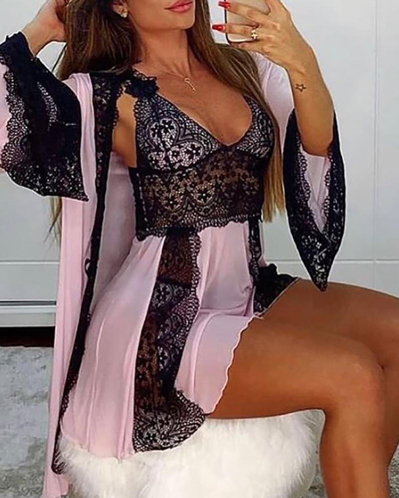 Lace Mesh Backless Babydoll With Cardigan