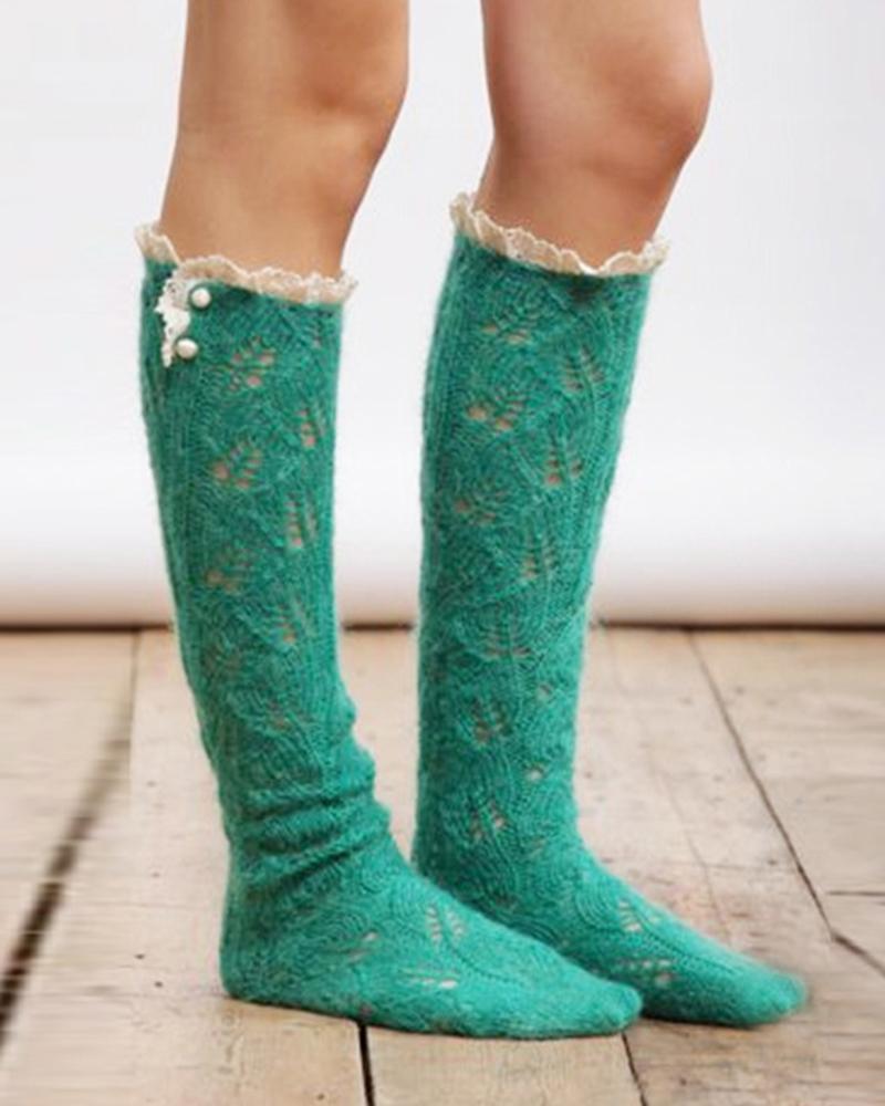 Solid Lace Patchwork Cut-out Midi-calf Socks