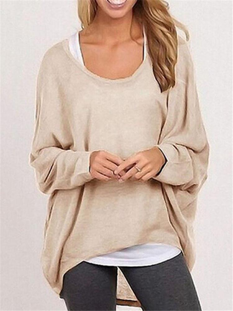 Outlet26 Fall Fashion Women's Long Sleeve Solid Color Woolen Sweater Plus Size Casual Tops Loose T-shirt Pullovers nude