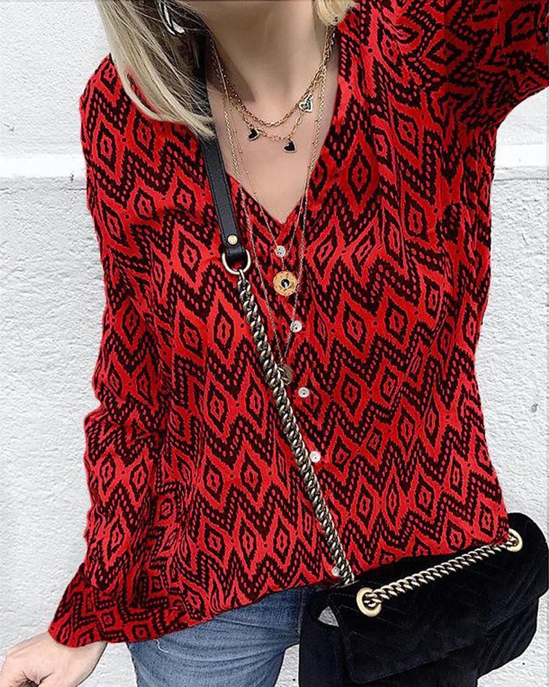 Outlet26 V Neck Geometric Button-Up Blouse red
