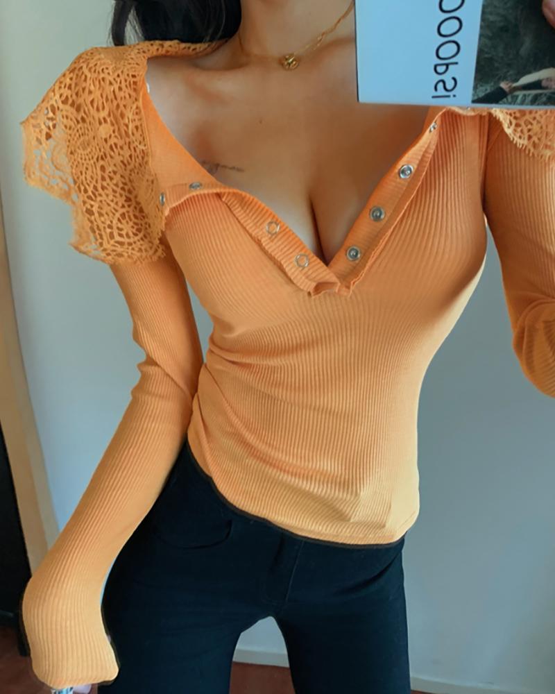 Solid Crochet Lace Ribbed Long Sleeve Blouse