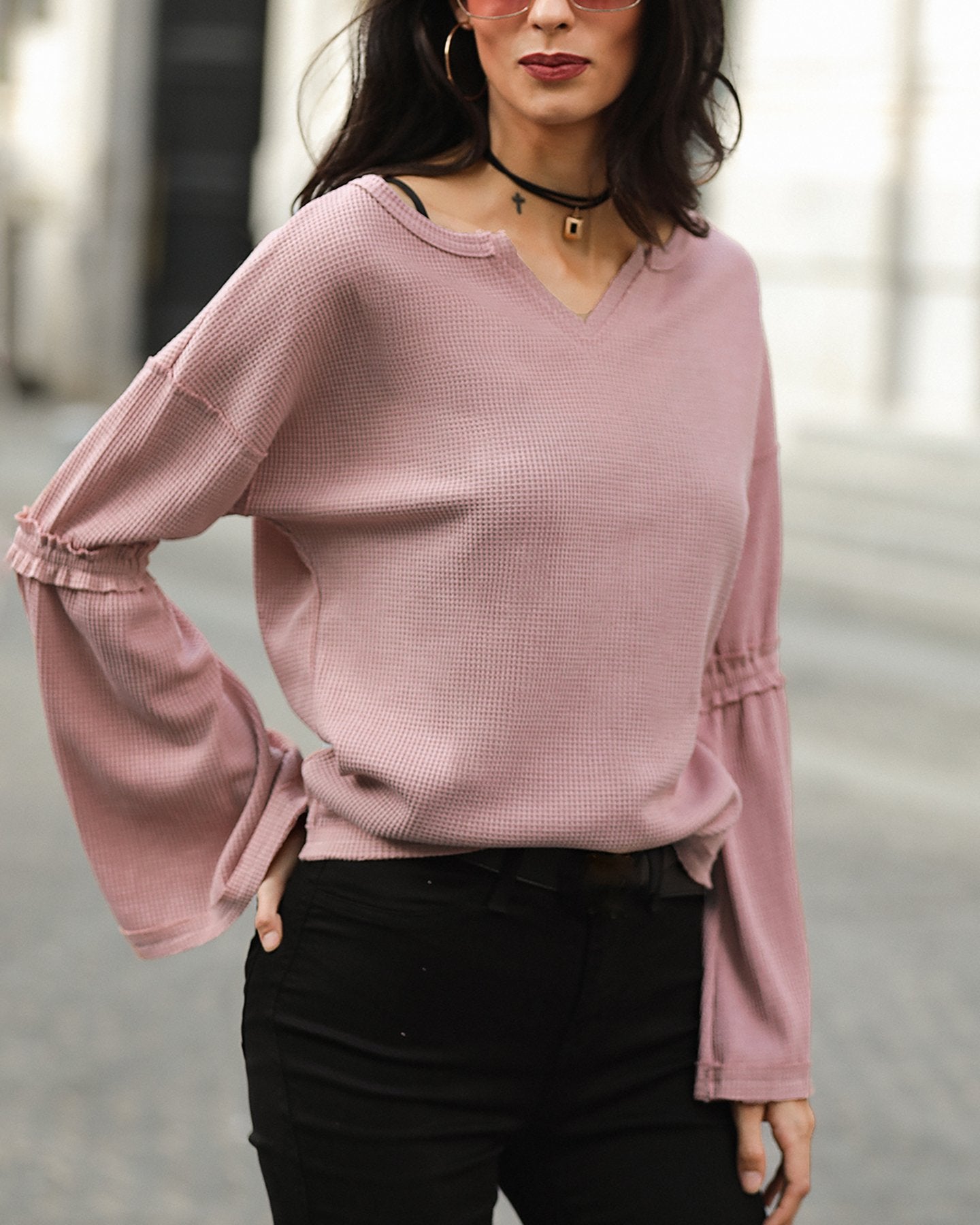 Solid Bell Sleeve Casual Top