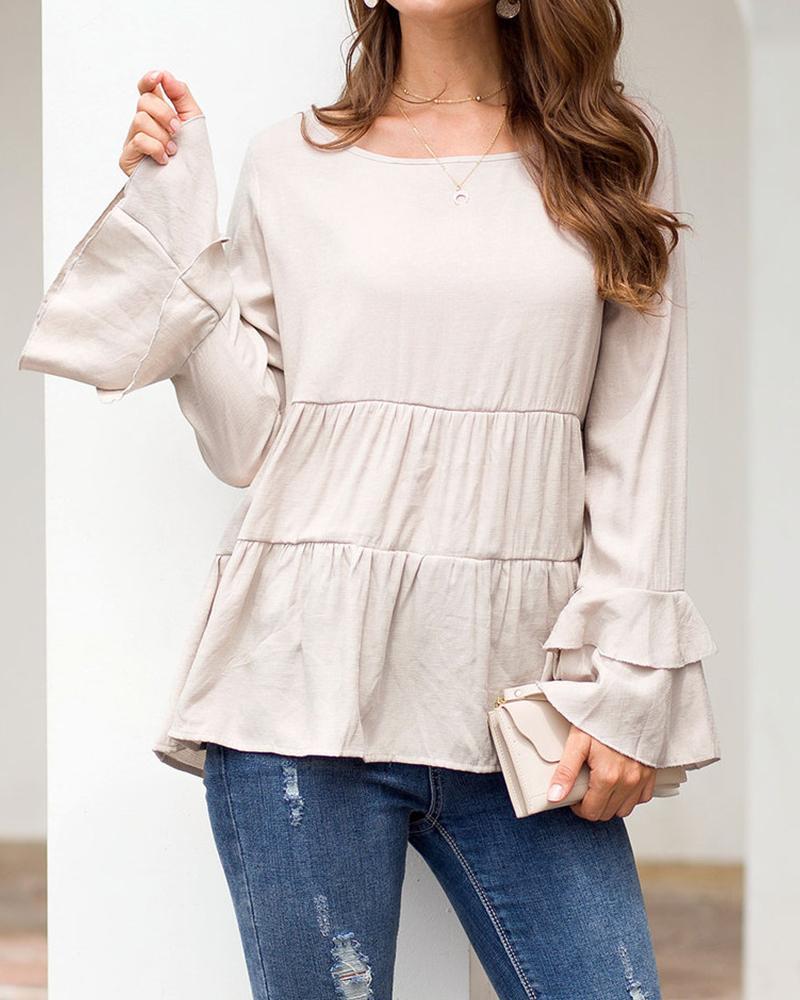 Outlet26 Round Neck Layered Ruffle Top beige
