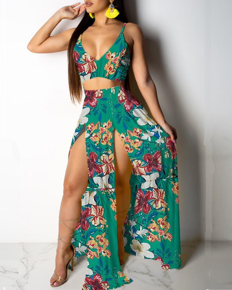 Tropical Print Cami Top & Thigh Slit Skirt Sets