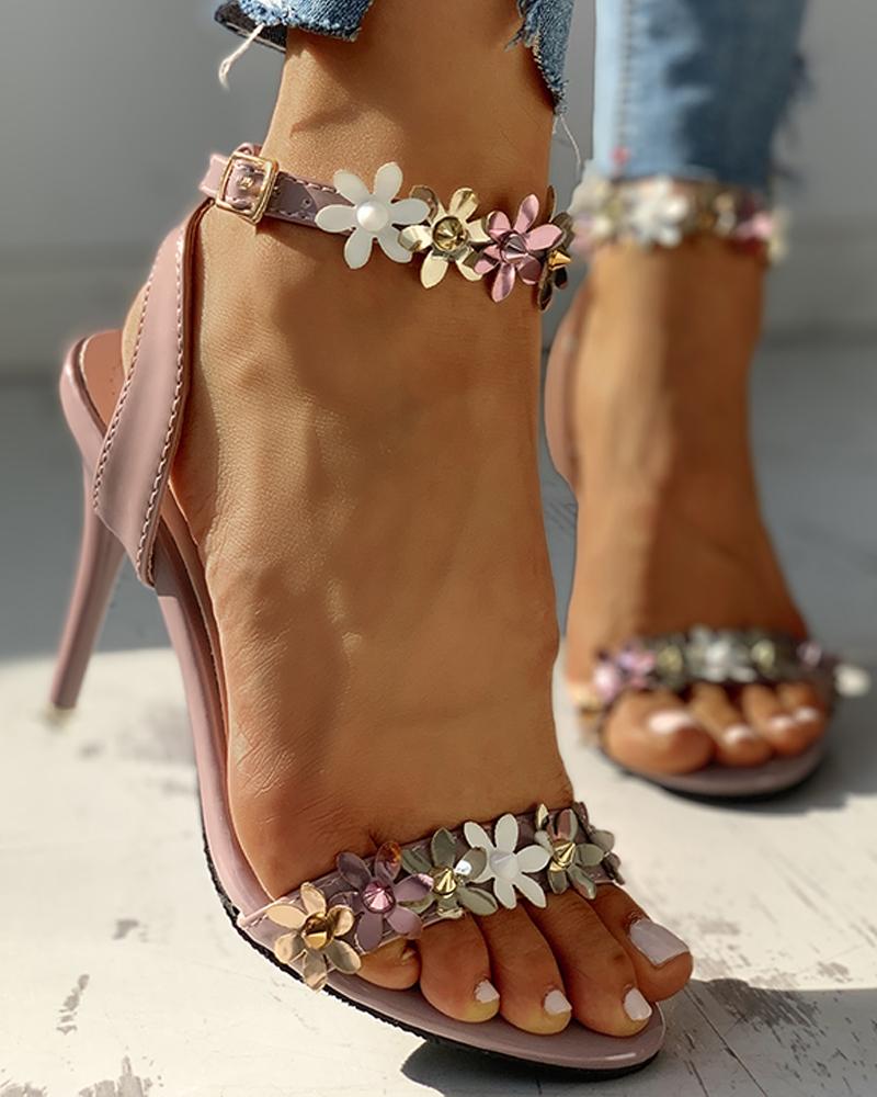 Flower Sequins Thin Heeled Sandals