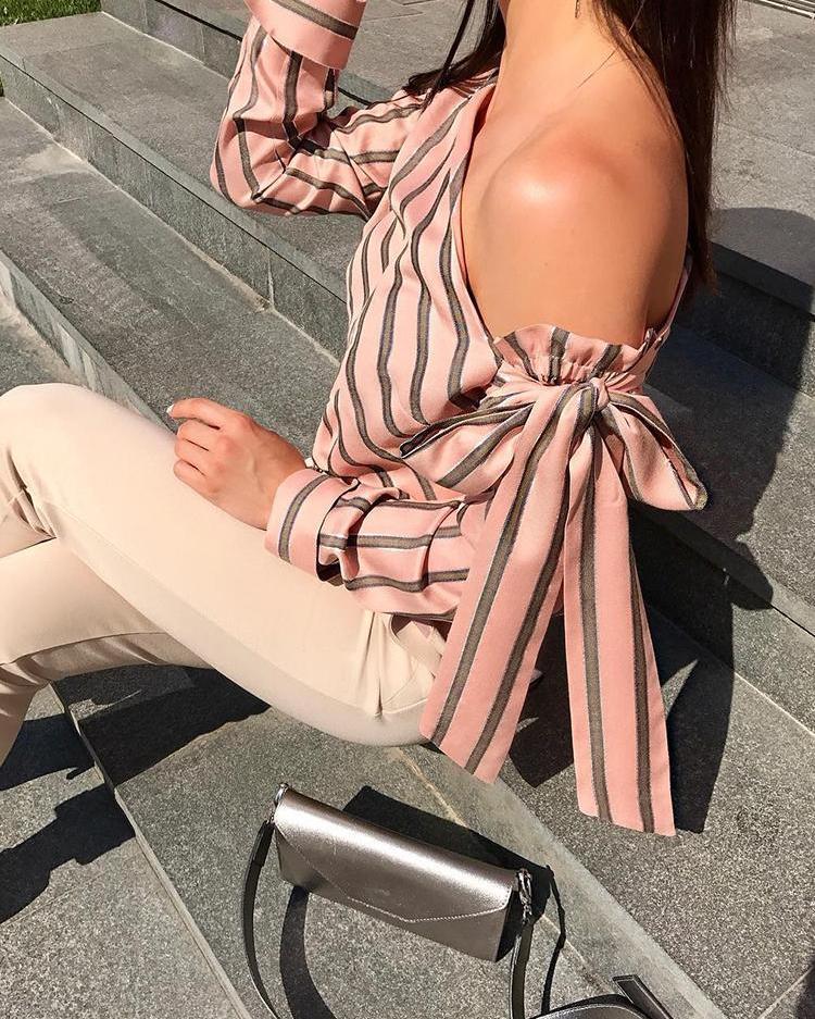 Stripes Skew Neck Knotted Sleeve Blouse