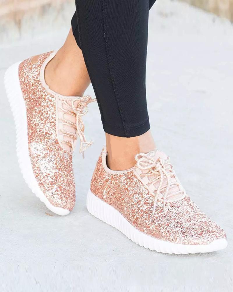 Outlet26 Sequined Flat Lace-Up Casual Sneakers champagne