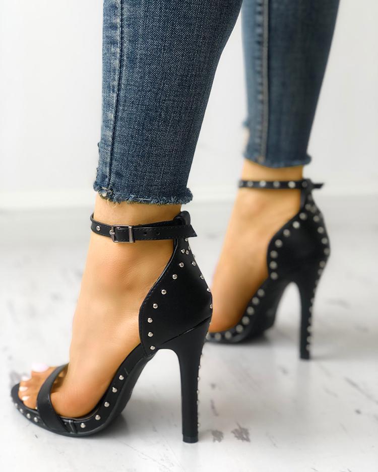 Solid Rivet Embellished Two Part Thin Heeled Sandals