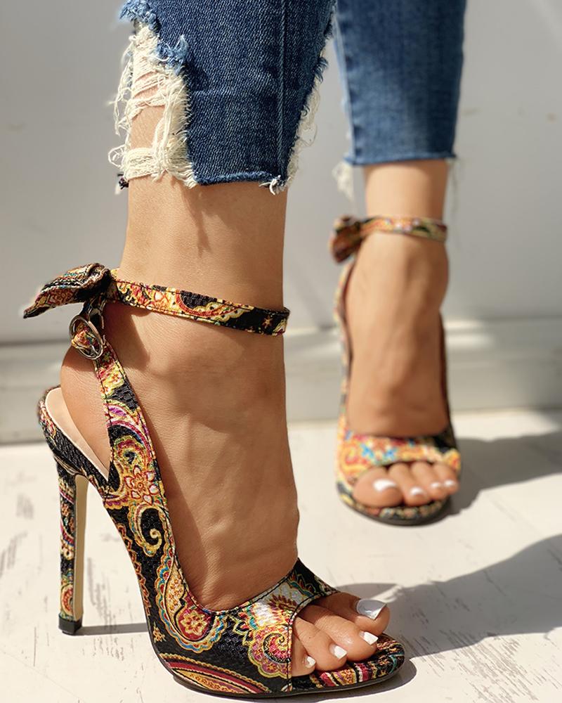 Ethnic Print Ankle Strap Slingback Thin Heeled Sandals