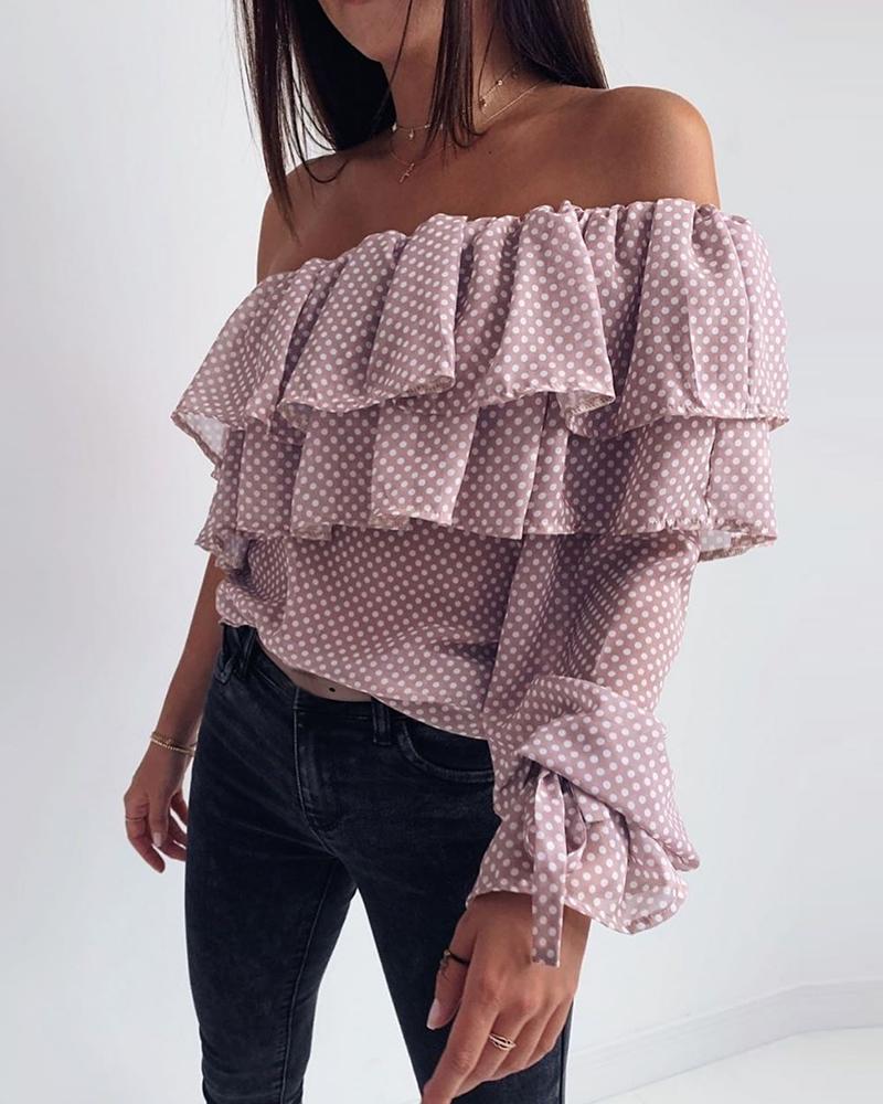Outlet26 Dot Layered Ruffles Off Shoulder Blouse pink