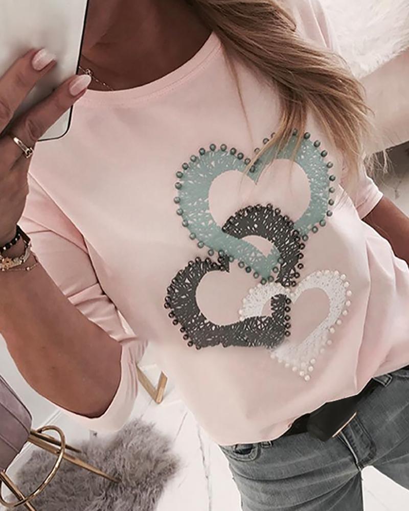 Outlet26 Beaded Heart Print Round Neck Long Sleeve T-shirt pink