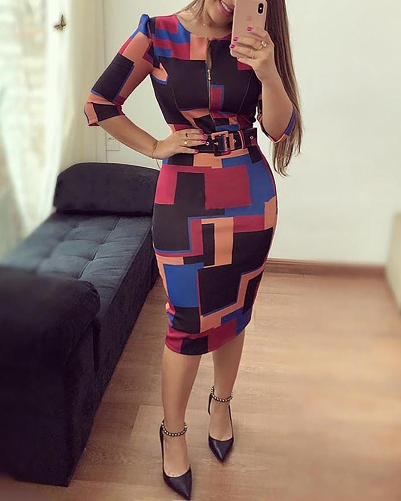 Color Blocking Zipper Up Front Belted Midi Dress