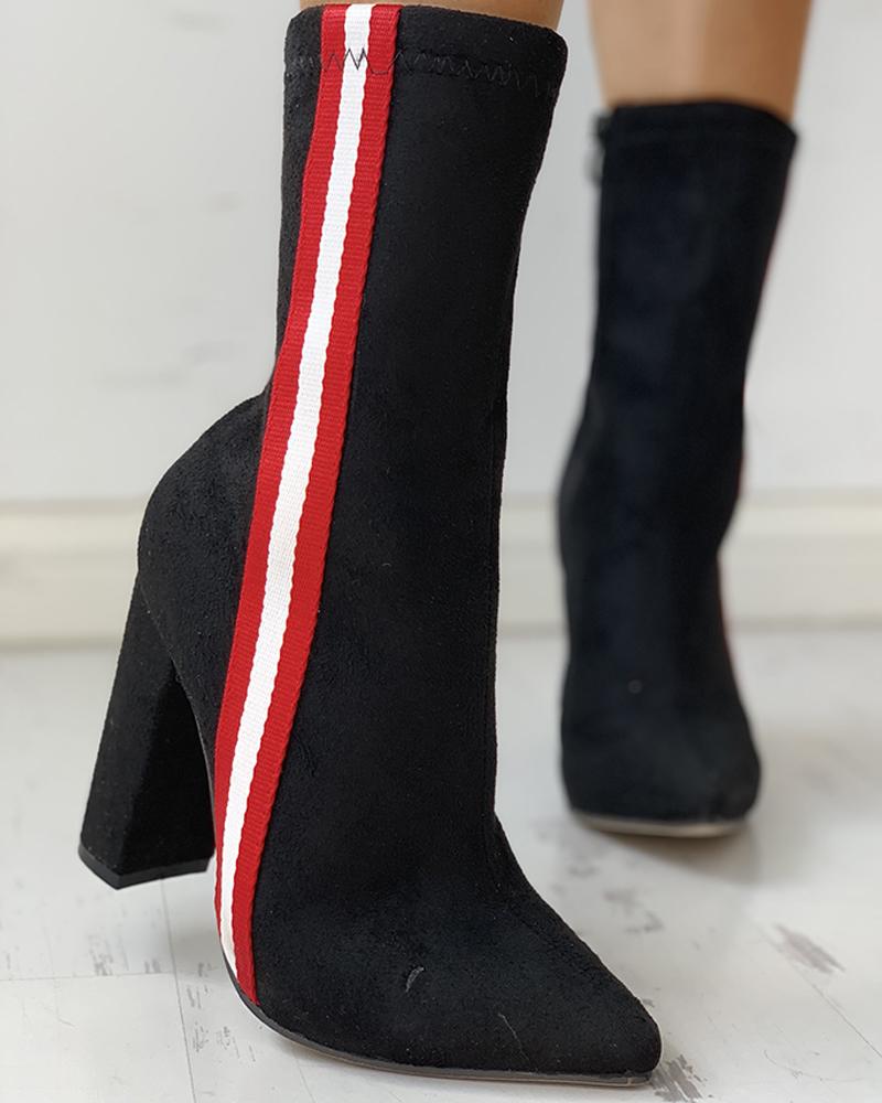 Colorblock Striped Tape Chunky Heeled Boots