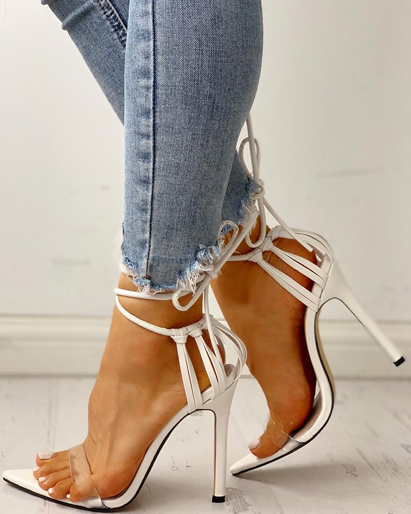 Transparent Strap Lace-Up Ankle Thin Heeled Sandals