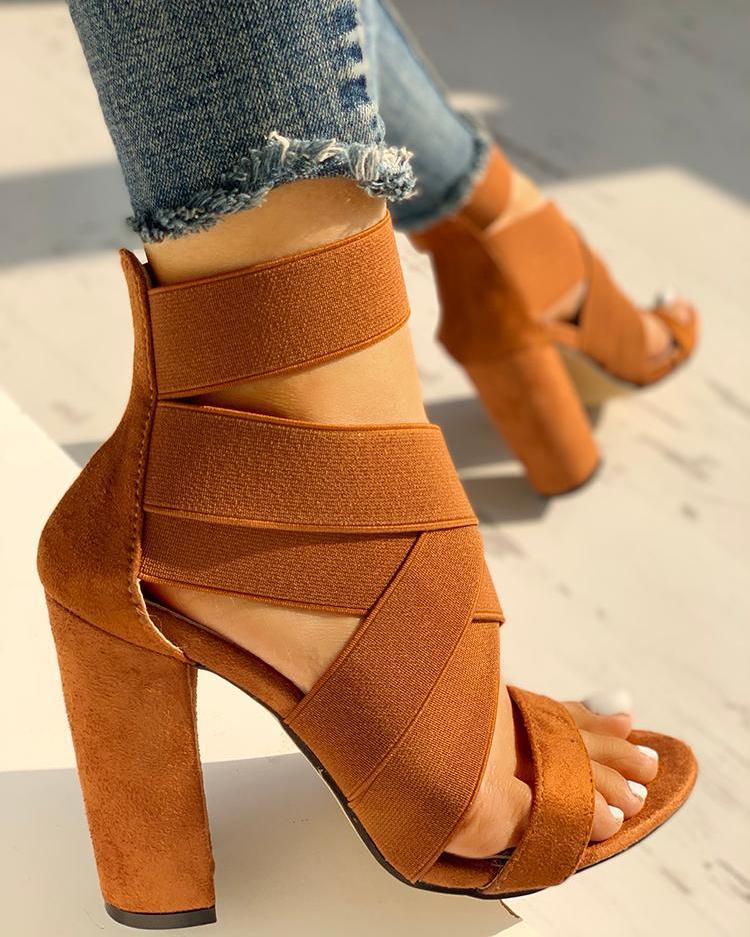 Outlet26 Bandage Crisscross Chunky Heeled Sandals brown
