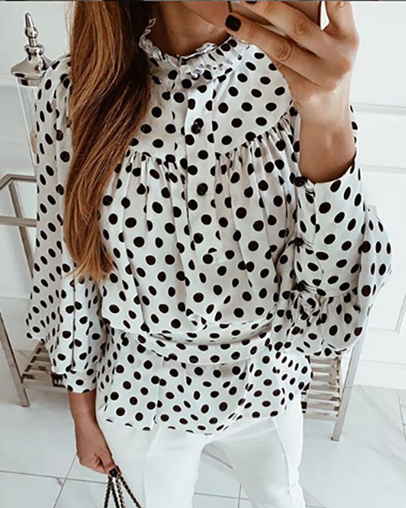 Outlet26 Dot Lantern Sleeve Tight Waist Ruched Blouse white
