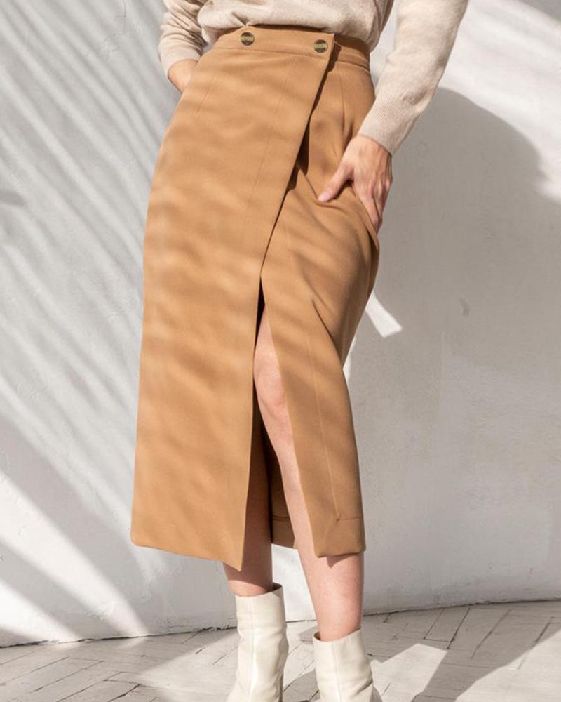 Outlet26 High Waist Slit Midi Skirt brown