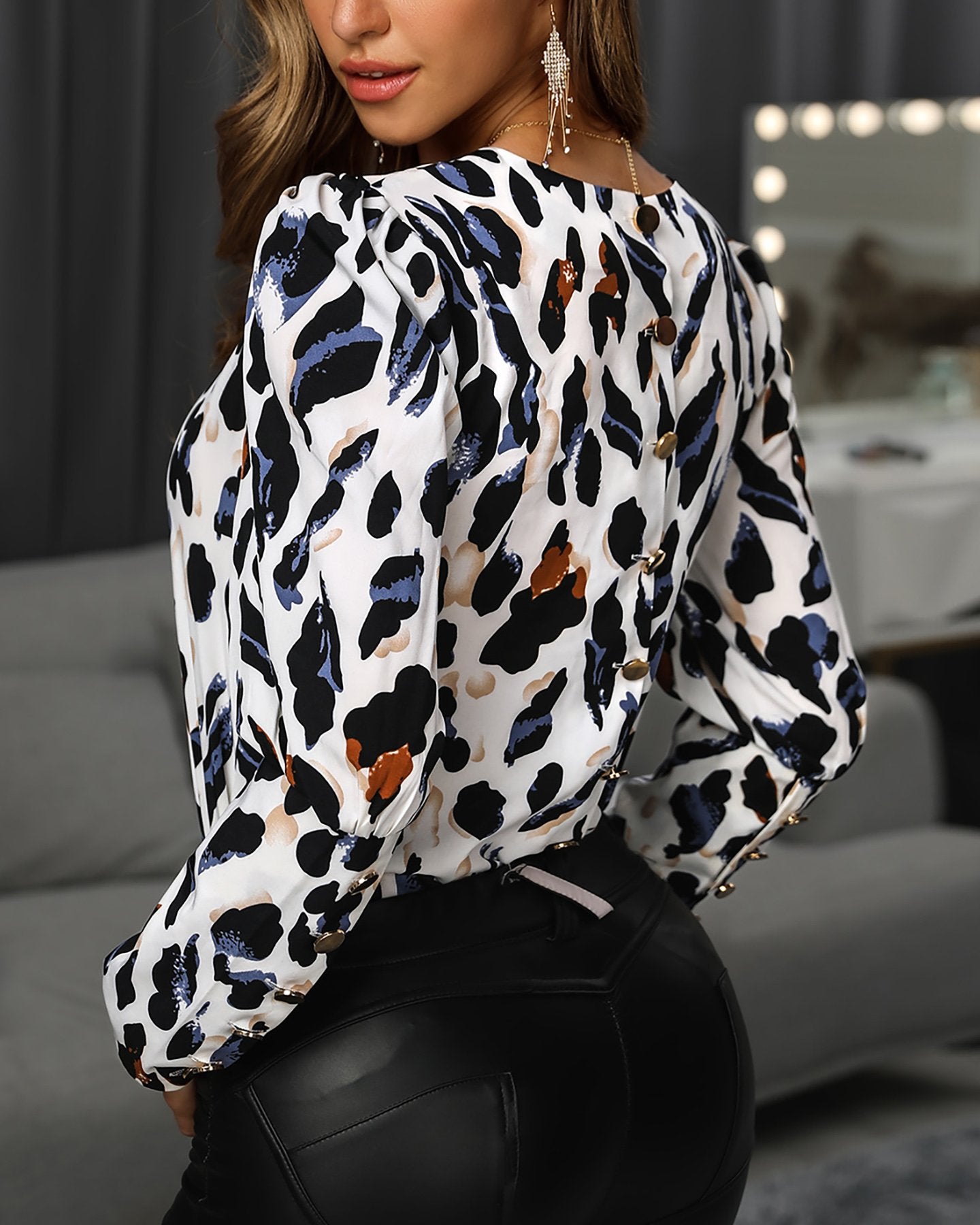 Abstract Leopard Print Long Sleeve Popper Cuff Blouse