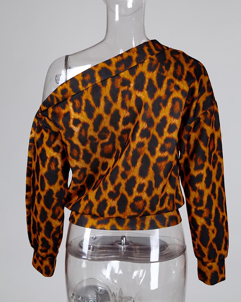 Skew Neck Leopard Print Buttoned Blouse