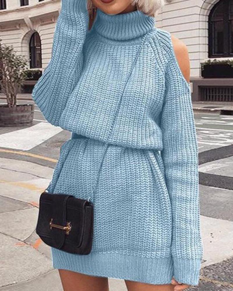 Outlet26 Cold Shoulder Ribbed Knit Sweater Dress sky blue