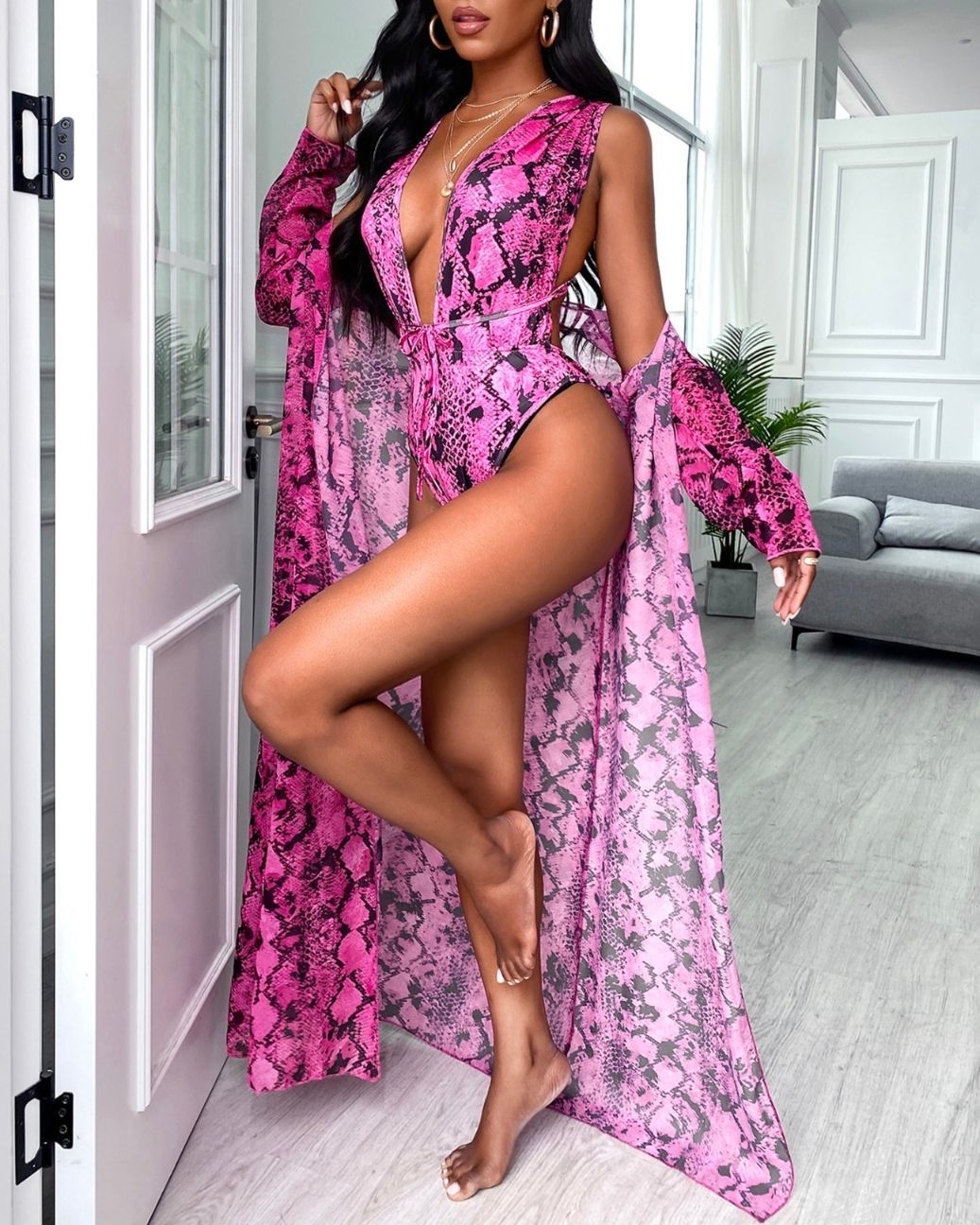 Snakeskin Print Plunge One Piece Swimsuit With Cover Up