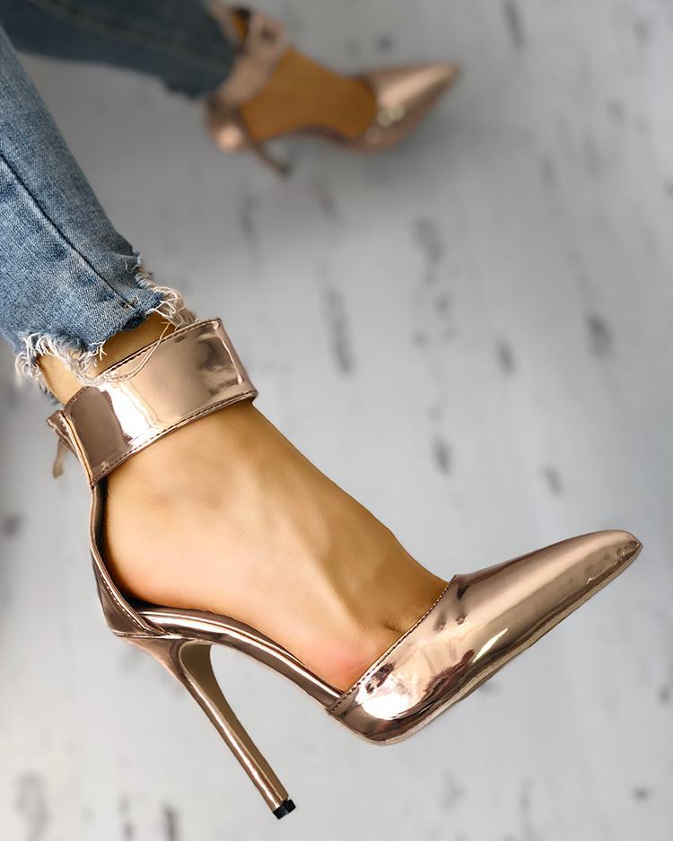 Solid Ankle Strap Pointed Toe Thin Heels