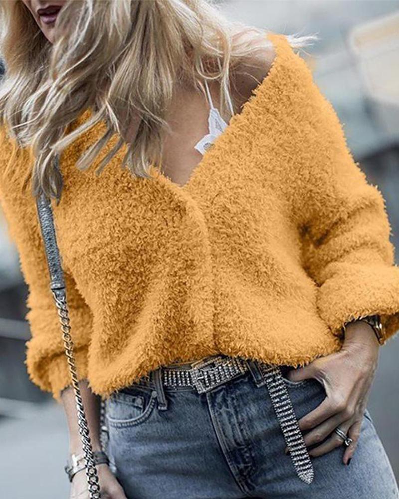 Outlet26 V Neck Fluffy Wrap Cardigan yellow