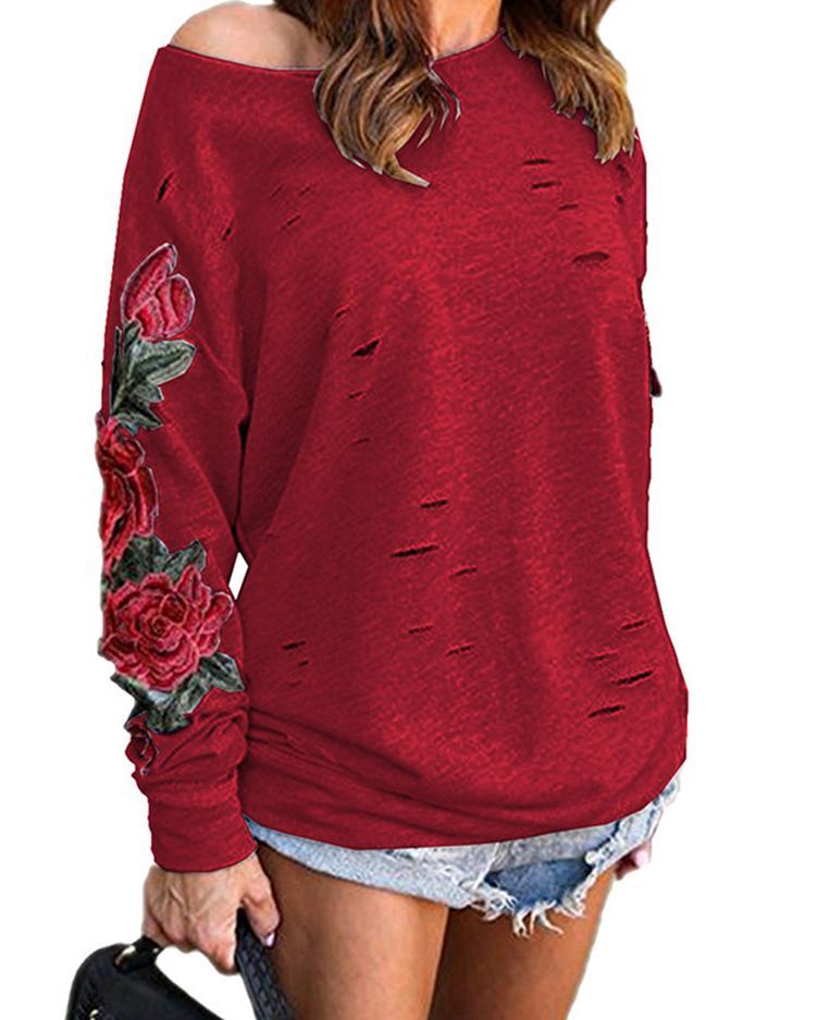 Embroidered Ripped Skew Neck Casual Sweatshirt