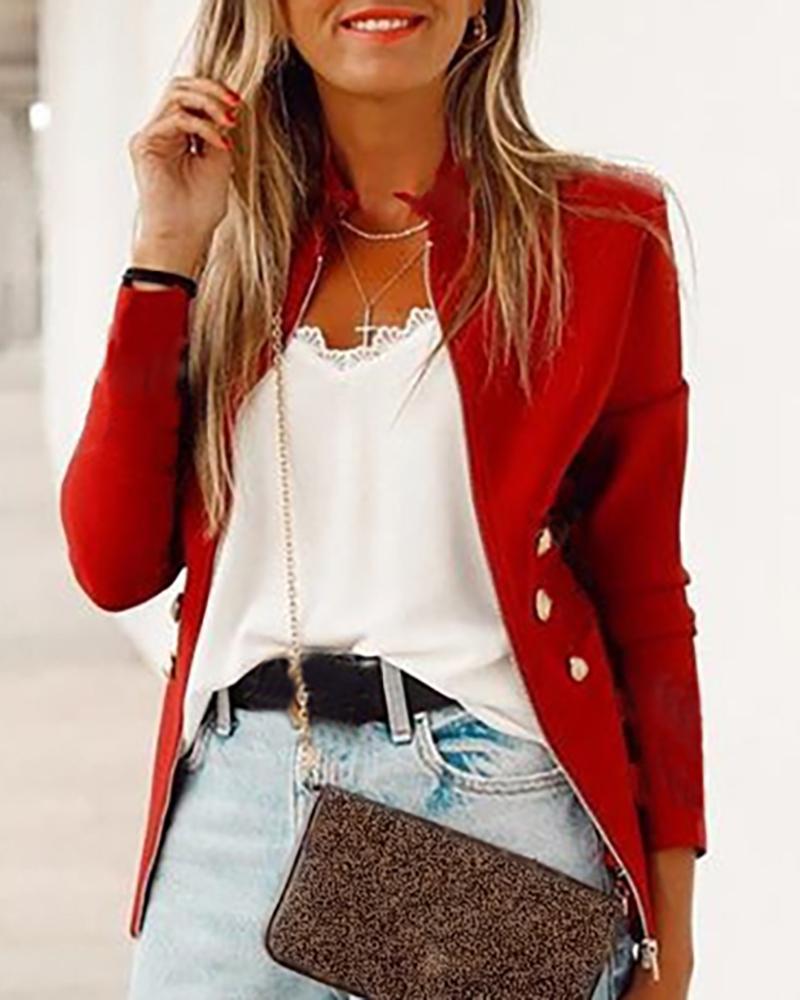 Solid Zipped Buttoned Detail Coat
