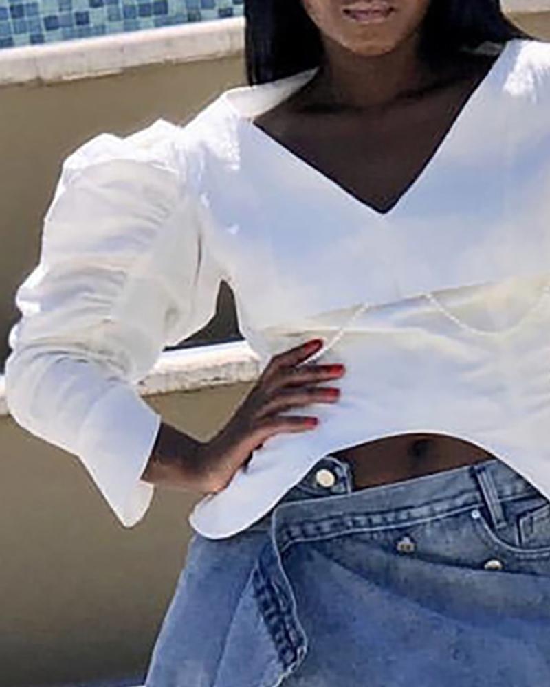 Solid Beaded Chain Puff Sleeve Crop Blouse
