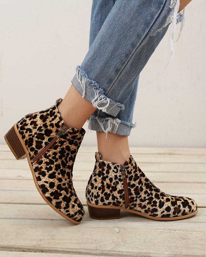 Outlet26 Faux Leather Side Zip Ankle Boots Leopard