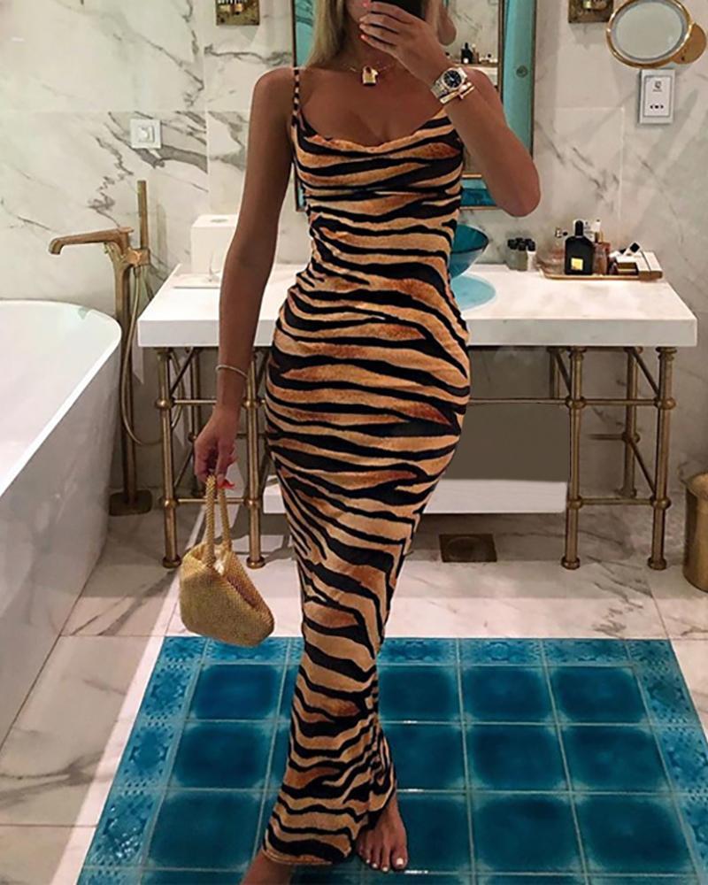 Tiger Striped Spaghetti Strap Backless Dress