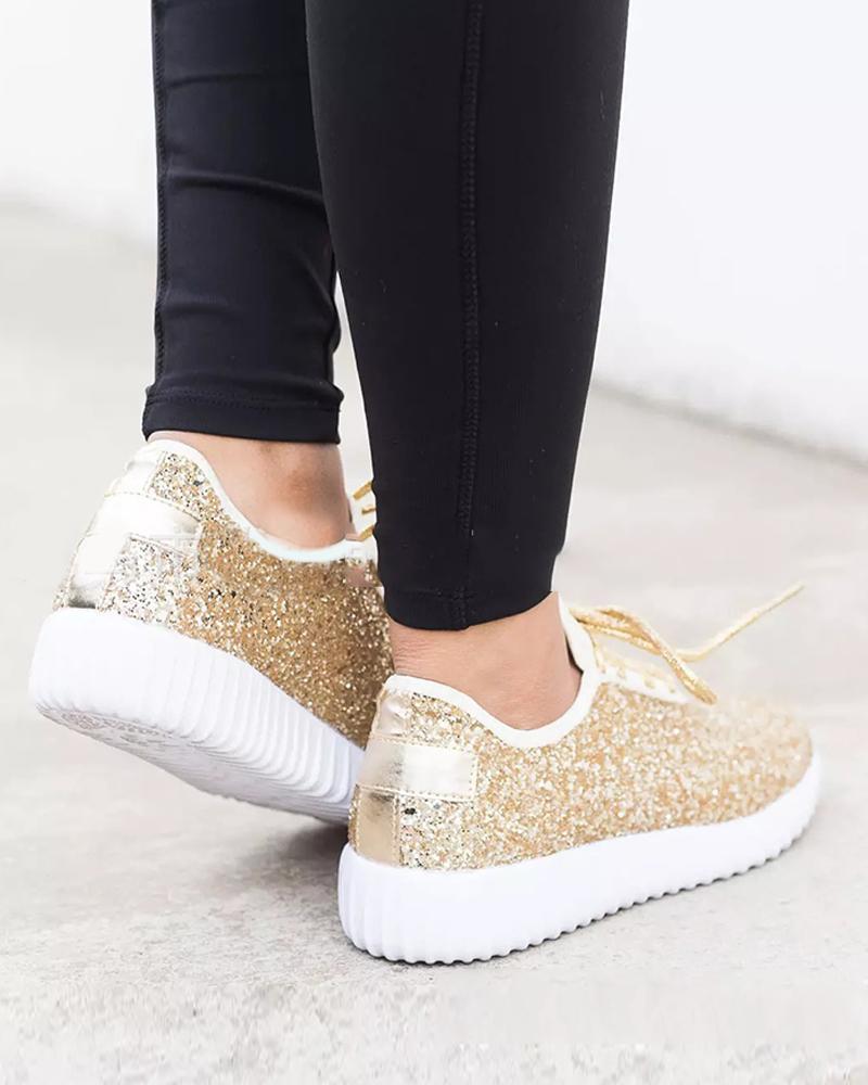 Sequined Flat Lace-Up Casual Sneakers