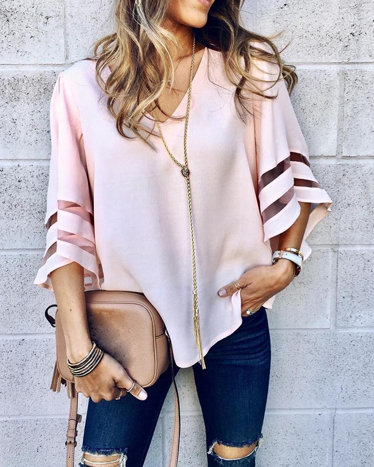 Solid Mesh Splicing Flared Half Sleeve Blouse