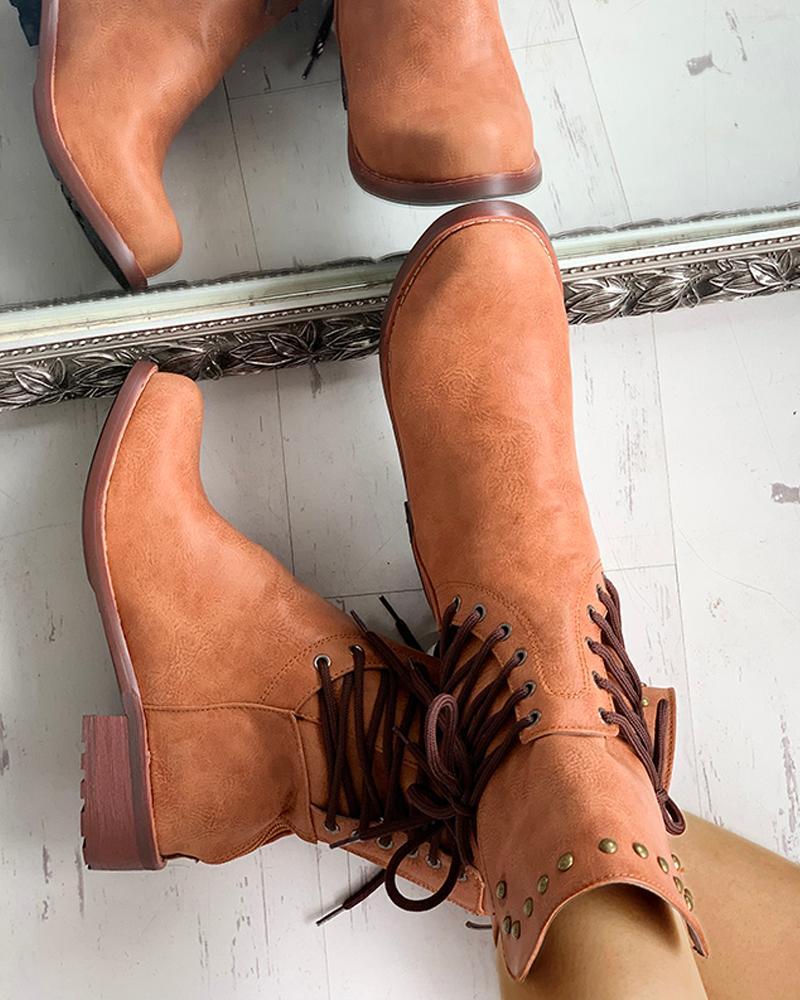 Solid PU Lace-Up Chunky Heeled Boots