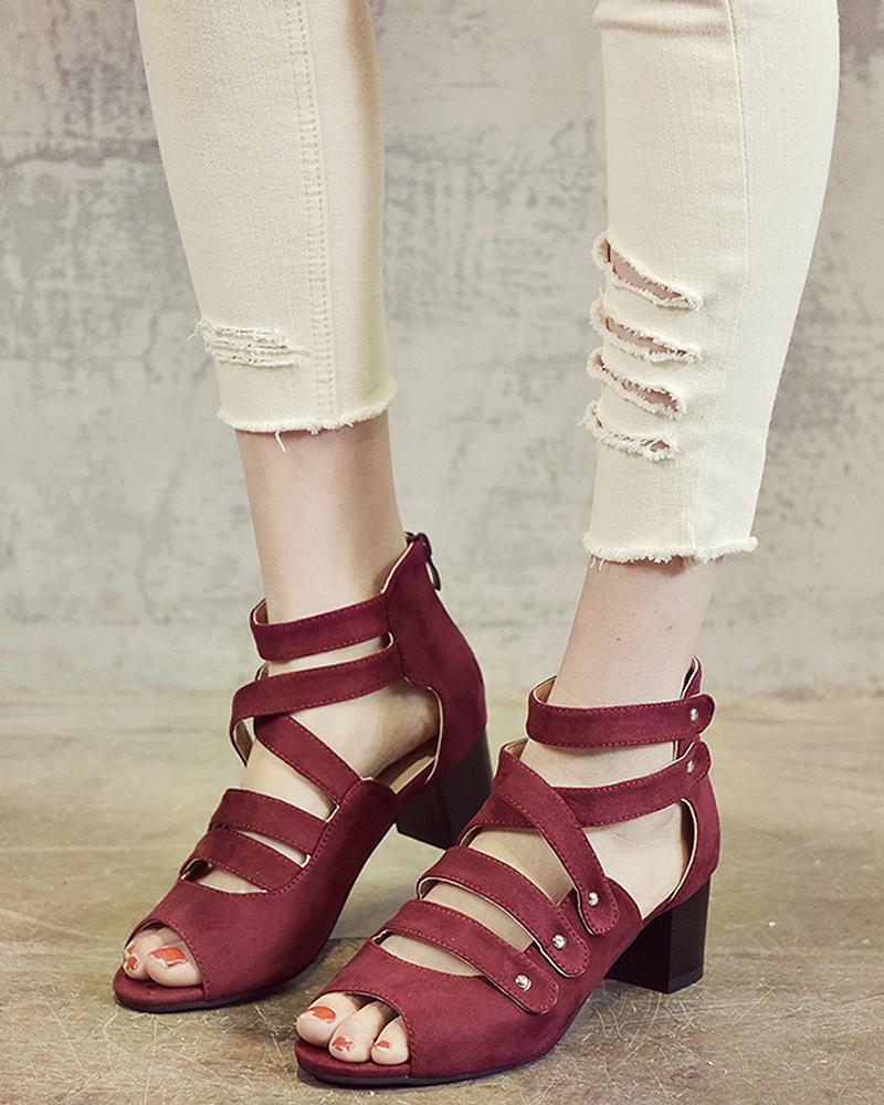 Outlet26 Colorful Rivet Heeled Sandals Shoes Wine red