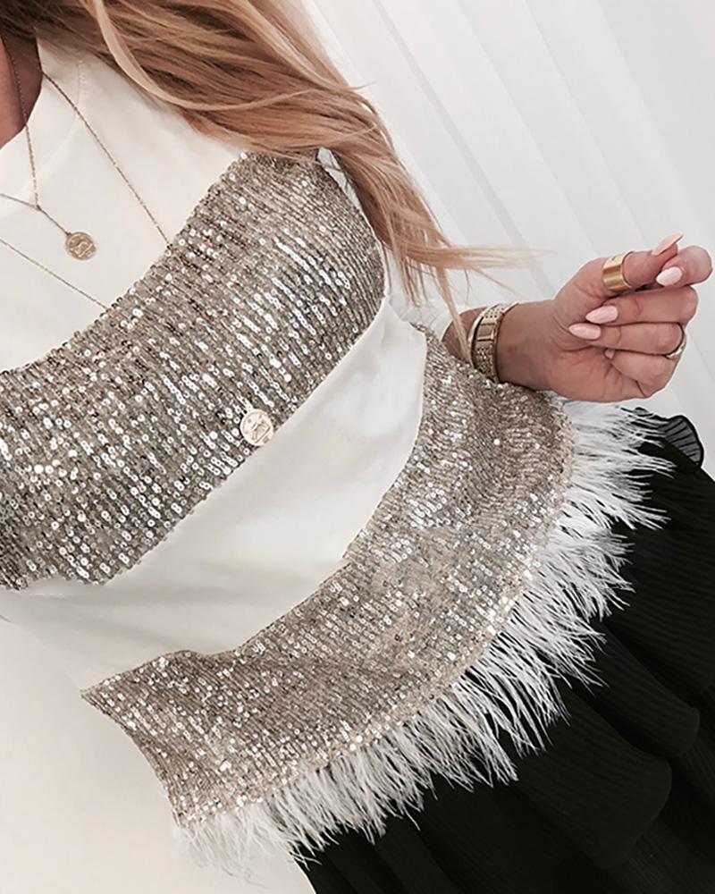 Outlet26 Sequin Feather Long Sleeve Blouse white