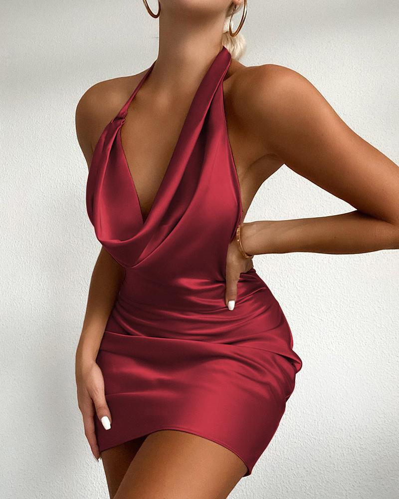 Cowl Neck Satin Ruched Party Dress