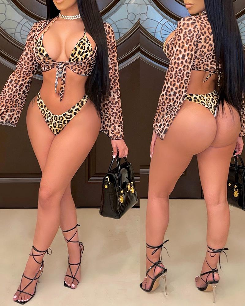 Halter Plain / Leopard Print Bikini Set With Cover Up