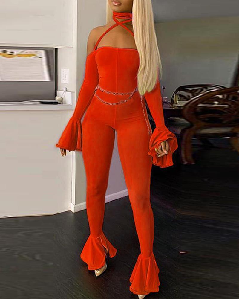 Outlet26 Sexy Halter Backless Ruffle Jumpsuit orange