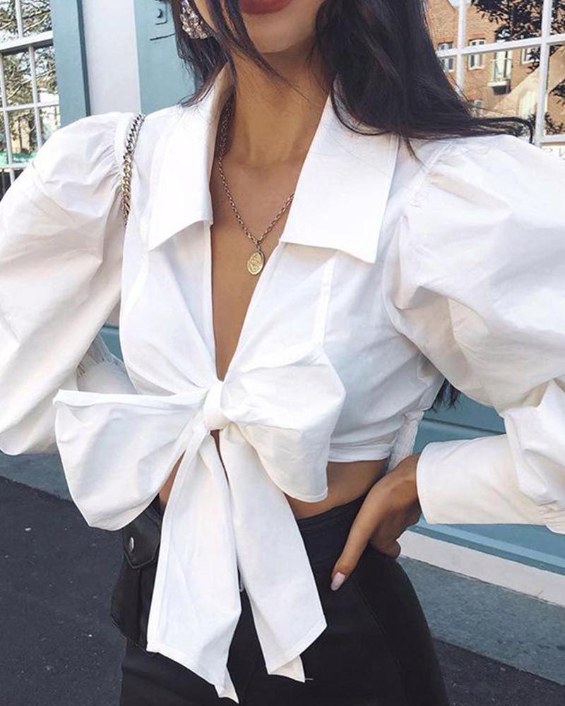 V Neck Cropped Bow Tie Front Top