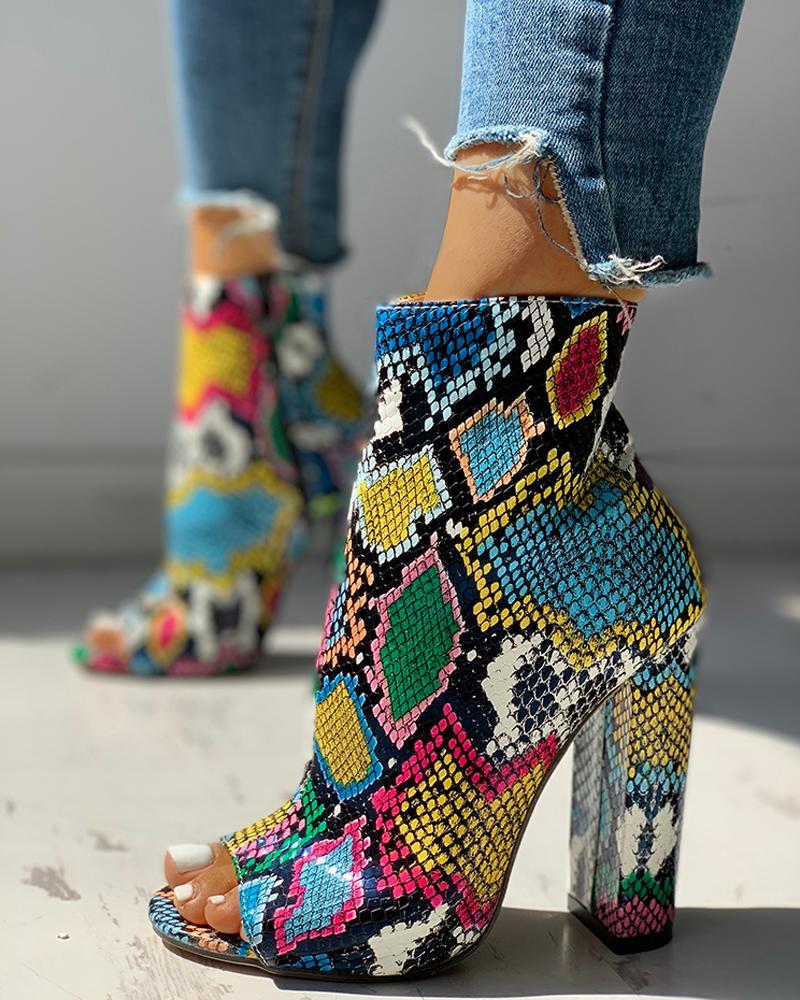Outlet26 Colorful Snakeskin Chunky Heeled Boots Multicolor