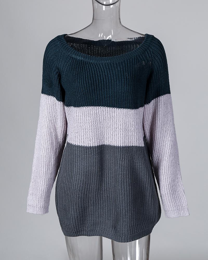 Contrast Color Shirring One Shoulder Casual Sweater