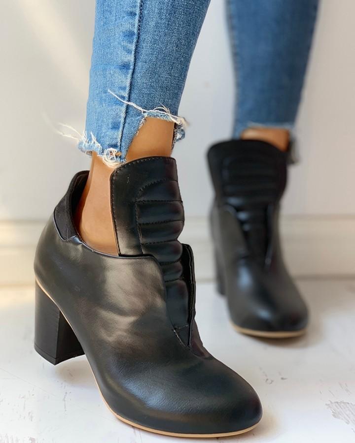 Solid Pointed Toe PU Chunky Heeled Boots